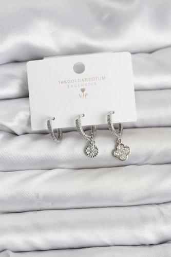 Pirinç Gümüş Renk Yonca Model 3lü Kadın Küpe Seti