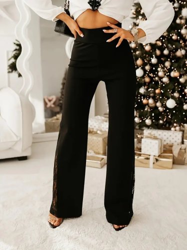 Kadın yüksek bel yanlardan dantelli paçaya doğru geniş kesim detaylı ithal krep pantolon