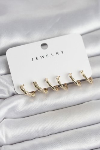 Gold Renk Pirinç Kemik Model 3 Çift Kadın Küpe Seti