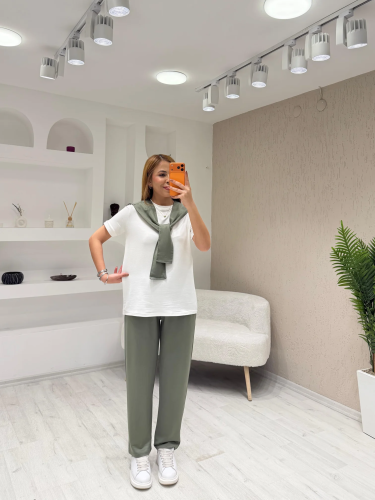 Kadın şal dahil bisiklet yaka bluz ve pantolon üçlü takım