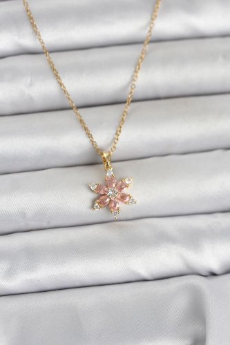 316L Çelik Zincir Gold Renk Pembe Lotus Model Kadın Kolye