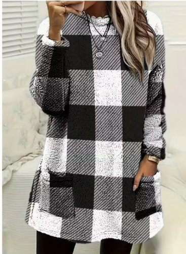 Kadın uzun kollu yarı balıkçı yakalı cep detaylı ekoseli dokuma tunik