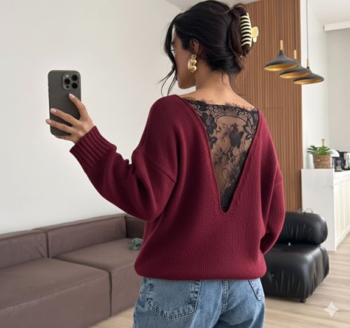 Kadın sırtı dantel transparan detay triko kazak