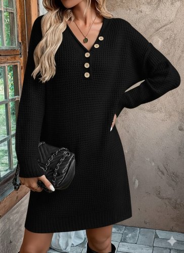 Kadın uzun kollu v yakalı düğmeli mini triko elbise