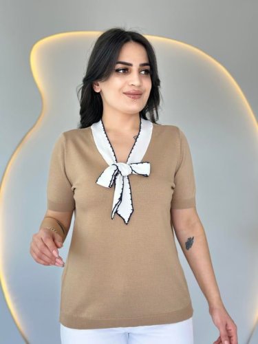 Kadın kısa kollu v yaka fular detay merserize triko bbluz