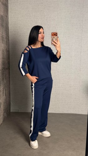 Kadın uzun kollu kolu tül yanları şerit detay modal ikili takım