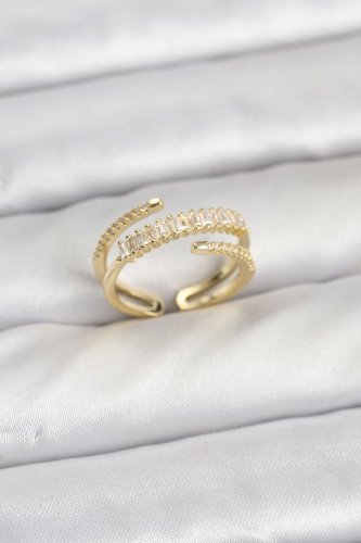 Pirinç Gold Renk Sıralı Baget Zirkon Taşlı Kadın Yüzük