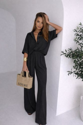 Kadın krep kumaş gömlek ve ispanyol paça pantolon ikili takım