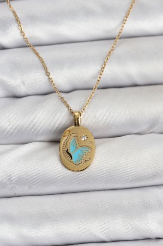 316L Çelik Zincir Gold Renk Kelebek Figür Kadın Kolye