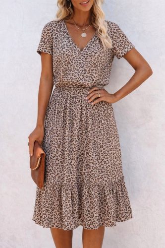 Kadın kısa kollu v yakalı beli lastikli midi süprem elbise