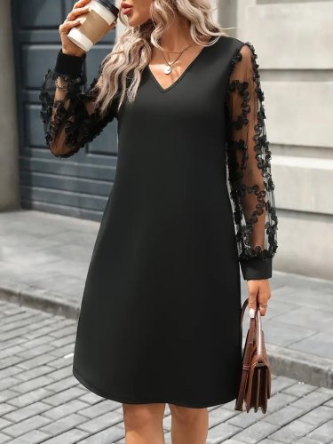 Kadın uzun kollu v yakalı tüllü kısa ithal krep mini elbise