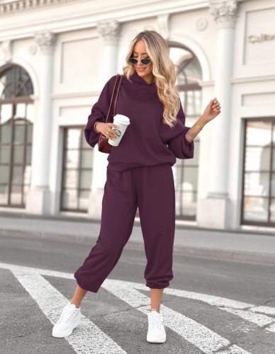 Kadın uzun kollu kapşonlu viskon iki iplik bluz ve pantolon ikili takım