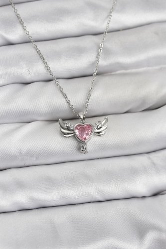 316L Çelik Zincir Gümüş Renk Kanatlı Kalp Model Zirkon Taşlı Kadın Kolye