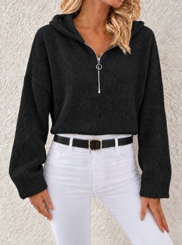 Kapüşonlu Fermuarlı Dokulu Sweatshirt
