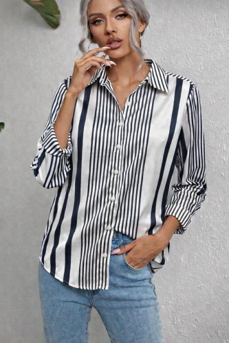 Kadın uzun kollu çizgi desen saten gömlek