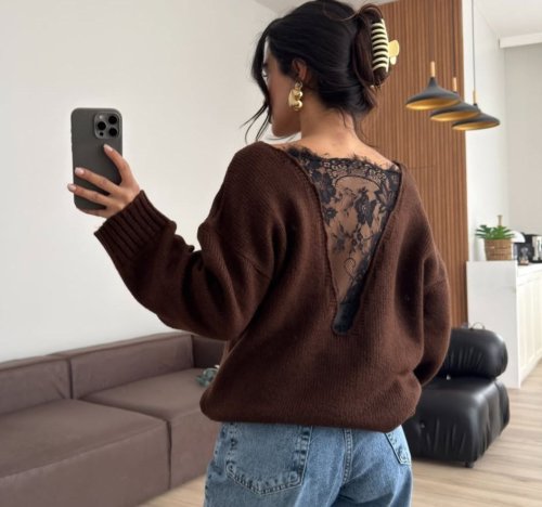 Kadın sırtı dantel transparan detay triko kazak