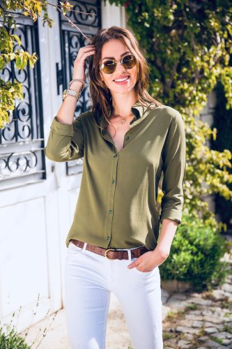 Kadın uzun kollu dokuma kumaş klasik gömlek