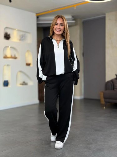 Kadın uzun kollu yakadan fermuarlı viskon iki iplik bluz ve pantolon ikili takım