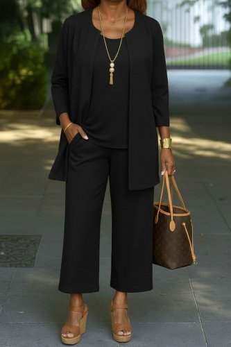 Kadın uzun kollu önü açık modal ceket kolsuz viskon iki iplik bluz ve pantolon üçlü takım