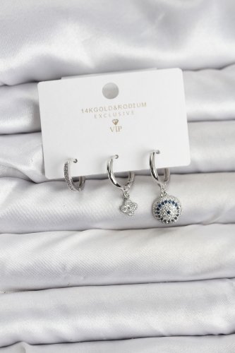 Nazar Model Gümüş Renk Pirinç 3lü Kadın Küpe Seti