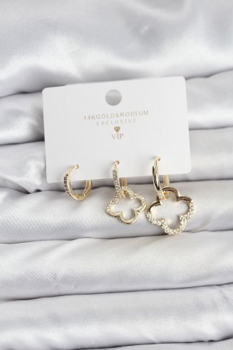 Yonca Model Gold Renk Pirinç 3lü Kadın Küpe Seti