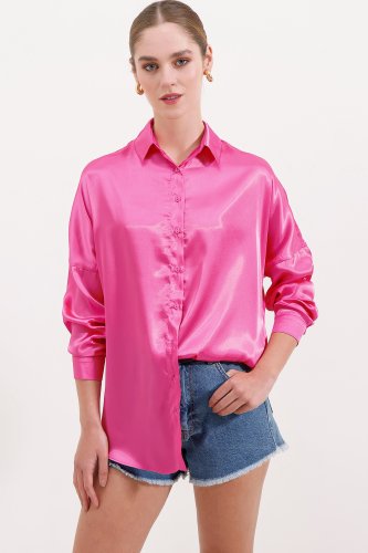 3985 Oversize Saten Gömlek - Fuşya