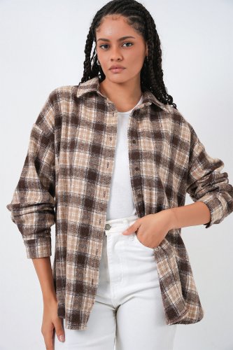 Ekose Desen Oversize Oduncu Gömlek 3854 - E Kahve