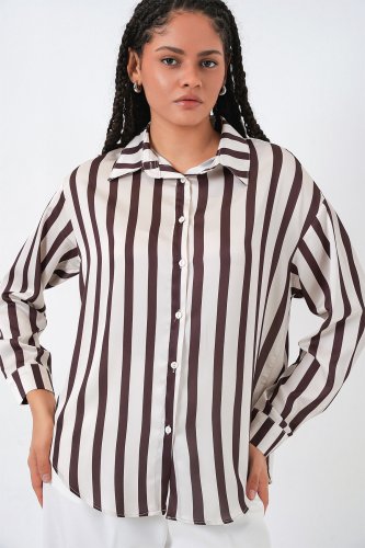 3964 Hafif Dökümlü Saten Gömlek - M Kahverengi