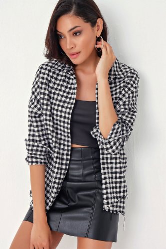 Ekose Desen Oversize Oduncu Gömlek 3854 - Siyah - Beyaz