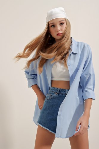 3900 Oversize Uzun Basic Gömlek - Mavi
