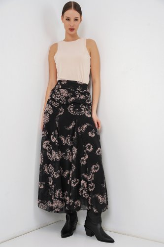 Desenli Şifon Etek 8057 - Siyah