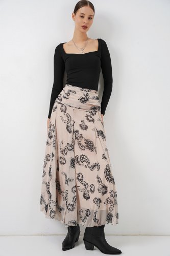 Desenli Şifon Etek 8057 - Krem