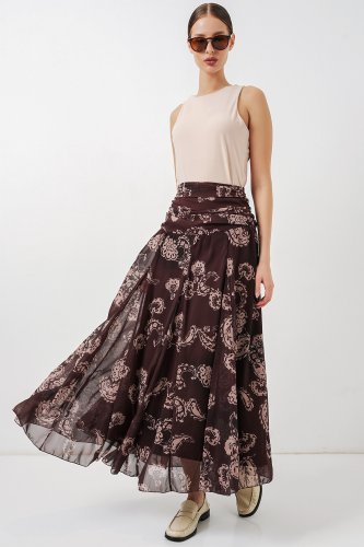 Desenli Şifon Etek 8057 - Kahverengi