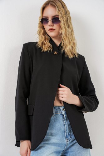 Tek Düğmeli Oversize Blazer Ceket 0749 - Siyah