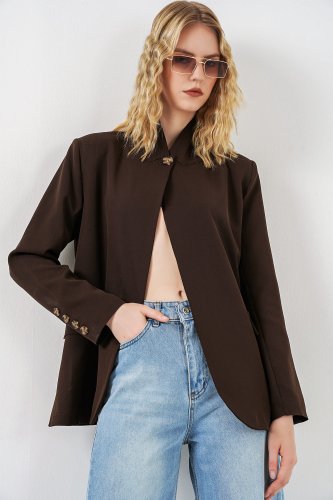 Tek Düğmeli Oversize Blazer Ceket 0749 - Kahverengi