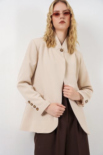 Tek Düğmeli Oversize Blazer Ceket 0749 - Bej