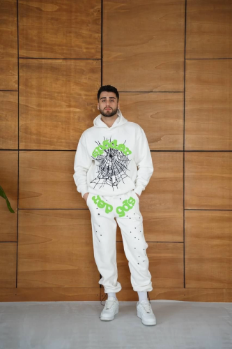 Erkek Kapüşonlu Eşofman Takım Örümcek Ağı ve Neon Yeşil Baskılı Kanguru cepli Oversize Rahat Kalıp Premium Üç İplik Kumaş - Beyaz