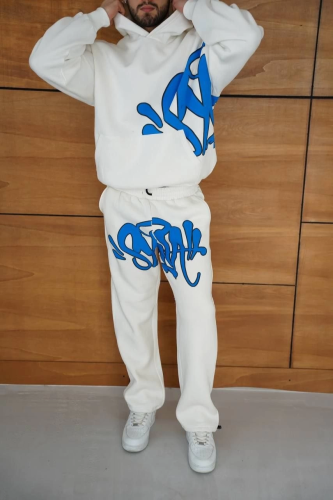 Erkek Kapüşonlu Eşofman Takım Graffiti Baskılı  Oversize Rahat Kalıp Kanguru Cepli Streetwear Tarzında Premium Ürün 3 iplik Pamuklu - Beyaz