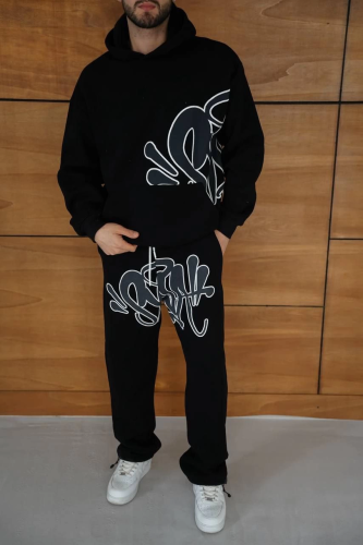 Erkek Kapüşonlu Eşofman Takım Graffiti Baskılı Oversize Rahat Kalıp Kanguru Cepli Streetwear Tarzında Premium Ürün 3 iplik Pamuklu - Siyah