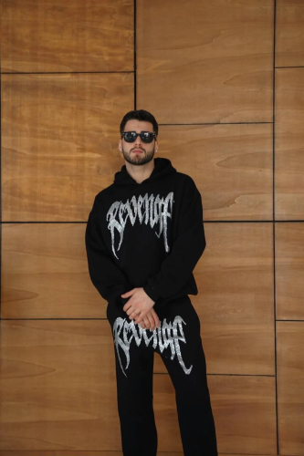 Erkek Premium Taş Baskılı Eşofman Takım Revenge Model Siyah Kapüşonlu Üst  Taşlı Baskılı Alt Modern Streetwear Tarzı Oversize Rahat Kalıp 3 iplik Pamuklu - Siyah