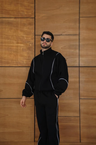 Erkek Premium Parçalı Eşofman Takım - Dik Yaka Fermuarlı Biyeli Sweatshirt Lastik Paça Alt Oversize 3 iplik Şardonlu - Siyah