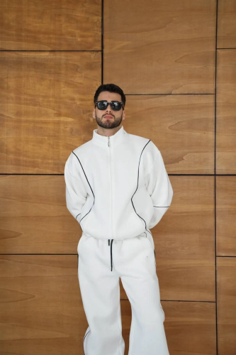 Erkek Premium Parçalı Eşofman Takım - Dik Yaka Fermuarlı Biyeli Sweatshirt Lastik Paça Alt Oversize 3 iplik Şardonlu - Beyaz
