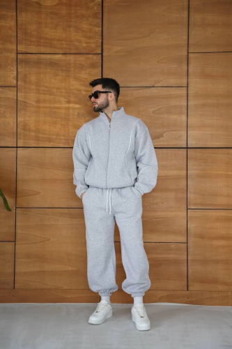 Erkek Premium Parçalı Eşofman Takım - Dik Yaka Fermuarlı Biyeli Sweatshirt Lastik Paça Alt Oversize 3 iplik Şardonlu - Gri