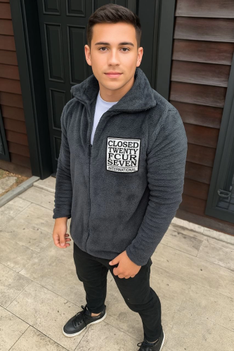 Erkek Polar Fermuarlı Sweatshirt  Kapüşonsuz Cepli Yumuşak Dokulu Oversize Rahat Kalıp Kışlık Sıcak Tutan Fermuarlı Üst - Füme