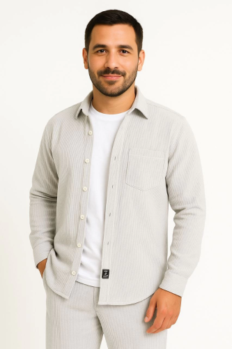 Erkek Fitilli Kadife Cepli Gömlek Oversize Rahat Kalıp - Gri