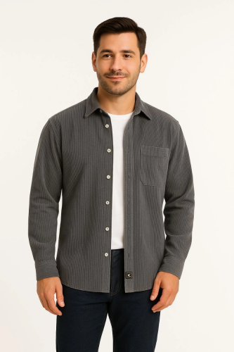Erkek Fitilli Kadife Cepli Gömlek Oversize Rahat Kalıp - Füme