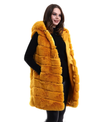 Kapşonlu Peluş Kürk Yelek Premium Kalite Tam Astarlı Uzun Model - Sarı