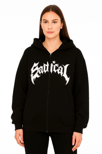 Oversize Kapüşonlu Sweatshirt  Hoodie 3 İplik Şardonlu Pamuklu Kumaş Önü Baskılı Fermuarlı Rahat Kalıp Kışlık ve Sokak Stili Sweat - Siyah