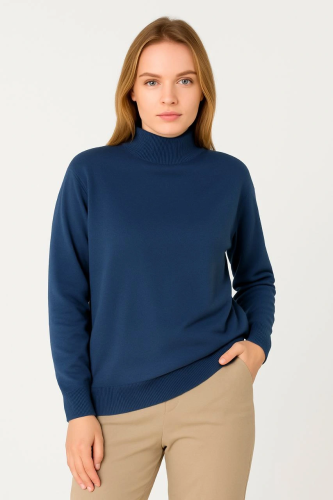 Yarım Boğaz Triko Kazak yumuşak dokulu Pamuklu ince Dokuma uzun kollu Rahat Regular kalıp - İndigo