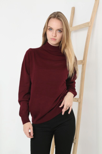 Yarım Boğaz Triko Kazak yumuşak dokulu Pamuklu ince Dokuma uzun kollu Rahat Regular kalıp - Bordo